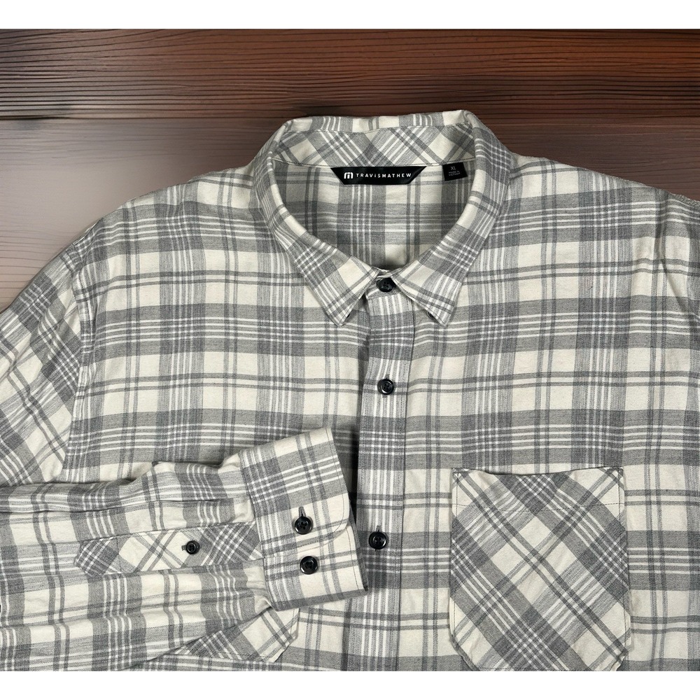 TravisMathew Men XL Plaid Long Sleeve Button Front Shirt Gray White Cotton Blend